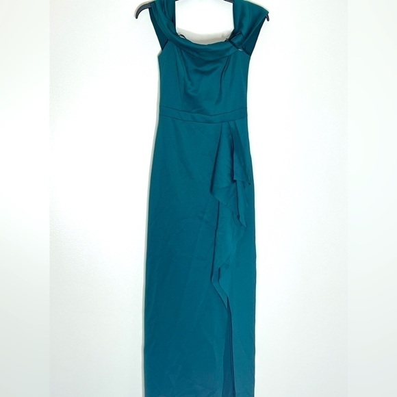 -AQUA WOMEN'S OFF THE SHOULDER CASCADE GOWN HUNTER GREEN SIZE 4 - Picture 7 of 10